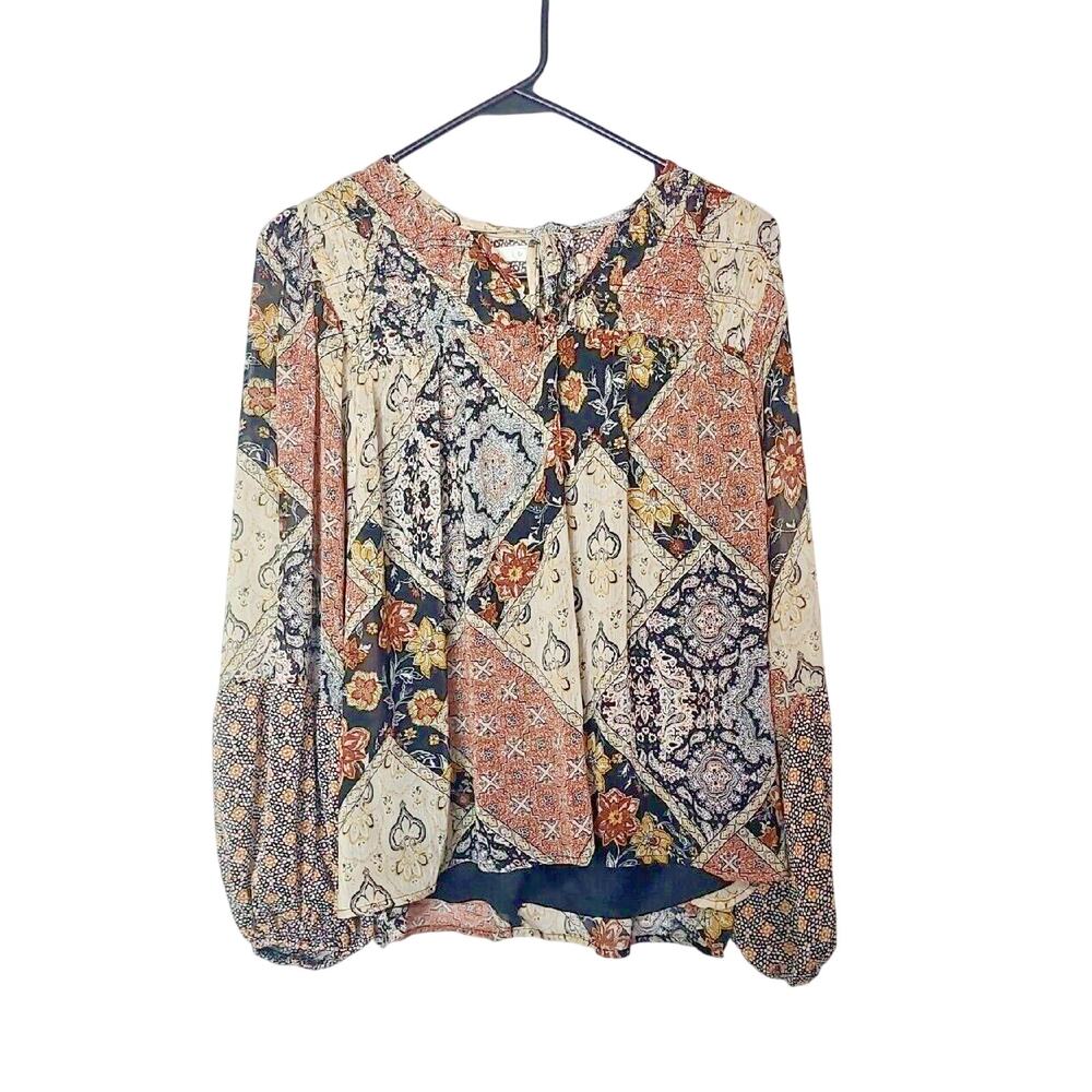 Maurices Patchwork Boho Bishop Sleeves Artsy Long Sleeve Top Womans Medium